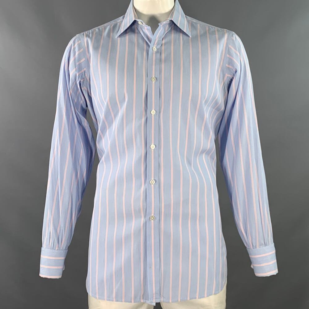 TURNBULL & ASSER Size L Blue Pink Stripe Cotton French Cuff Long Sleeve Shirt